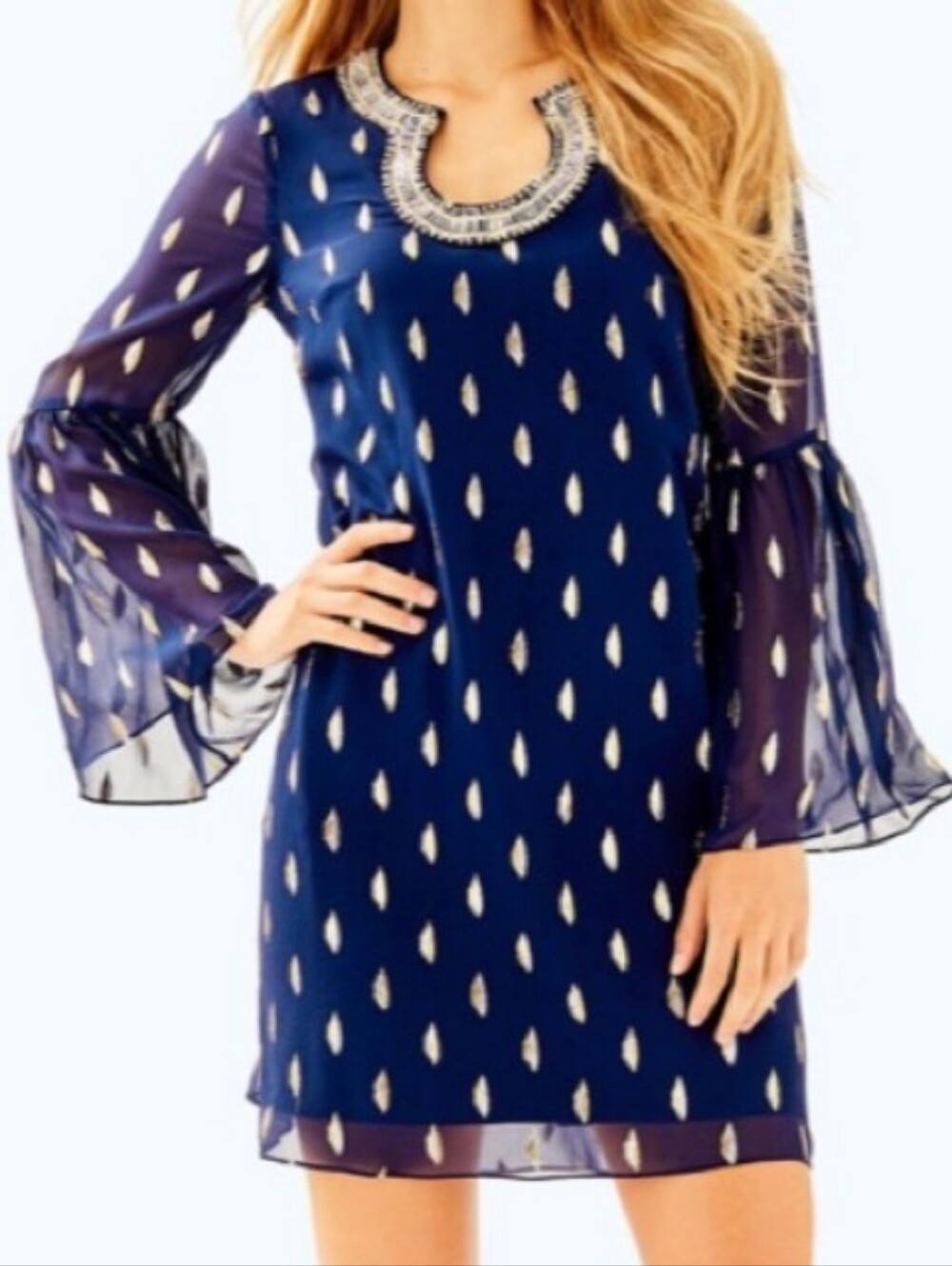Lilly Pulitzer Amory Beaded Silk Tunic Shift Dress Navy Blue Gold Metallic 6